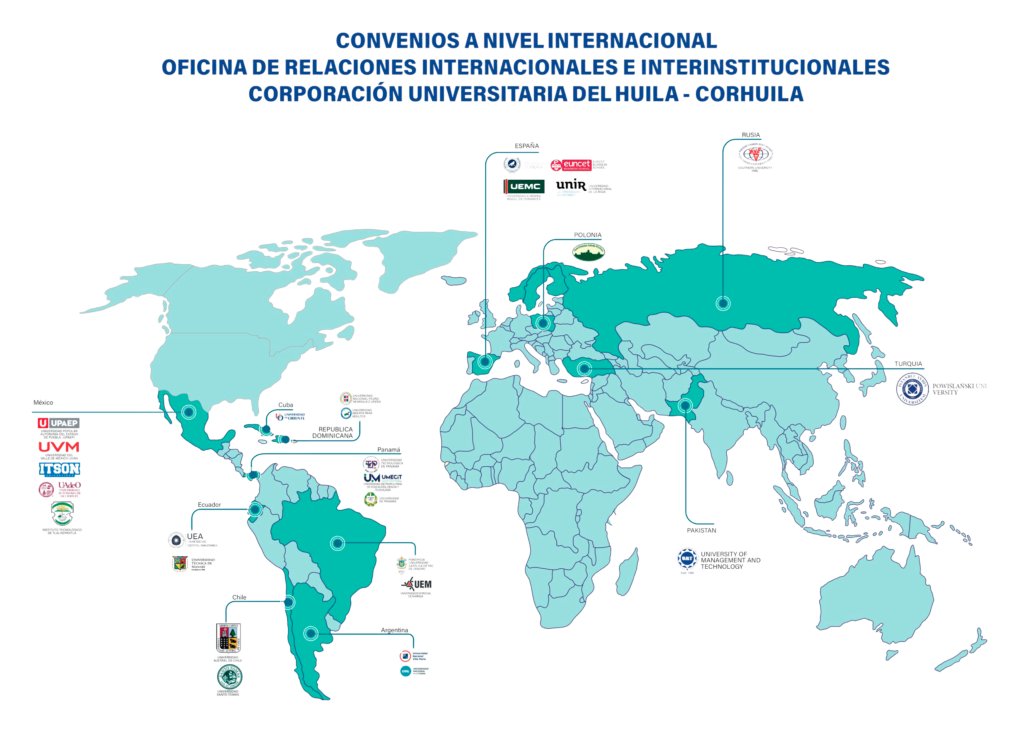 Mapa de universidades y convenios internacionales de CORHUILA